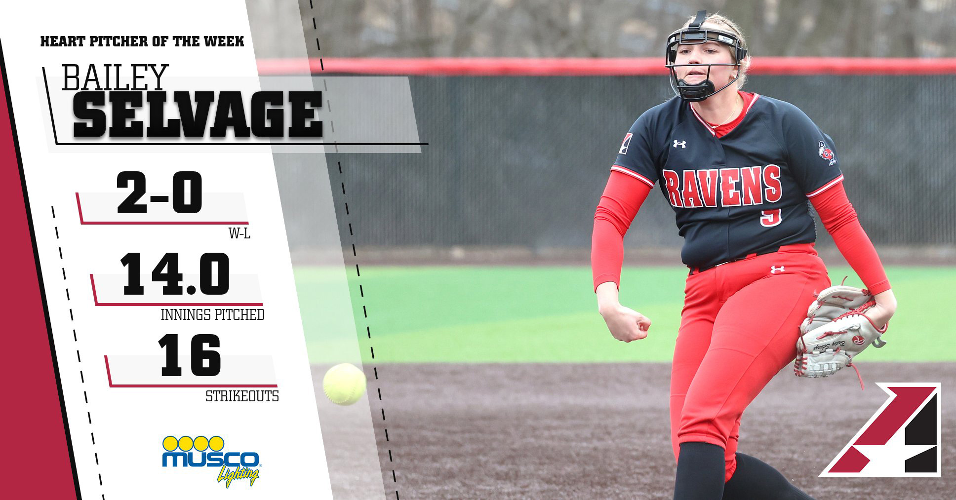 Bailey Selvage named Heart Softball Pitcher of the Week for second time